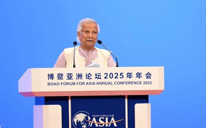Bangladesh’s Chief Adviser to the interim administration Muhammad Yunus addresses at the Boao Forum for Asia (BFA) conference in Hainan of China on Wednesday – PID photo