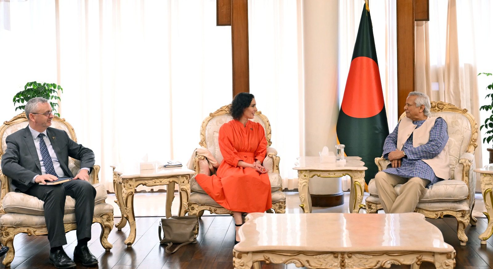 The EU commissioner for Equality, Preparedness and Crisis Management Hadja Lahbib meets Bangladesh's Chief Adviser Muhammad Yunus at his office on Tueaday in Dhaka - PID photo