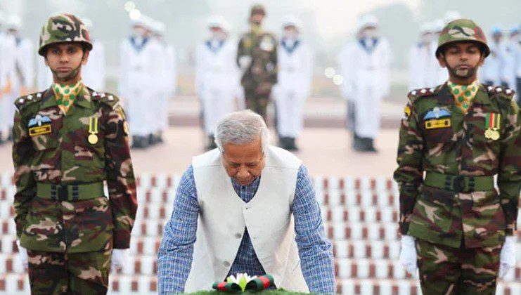 Chief Adviser Muhammad Yunus olaced a floral wreath at the national mausoleum savar on the ocassion of Bangladesh's Independecne and National Day on Wednesday - PID photo