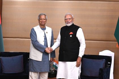 Bangladeshi Chief Adviser Muhammad Yunus and Indian Prime Minister Narendra Modi shake hands after their maiden meeting in Bangkkok on the sideline of the BIMSTEC summit on Friday - PID photo