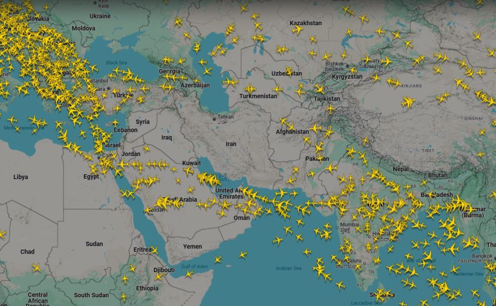 The Flightradar24 website showed the commercial flights avoiding airspace of Iran, Iraq, Syria and Israel on Friday after Israel launched airstrike targeting Iran's establishments. - FlightRadar24 data grab by Times