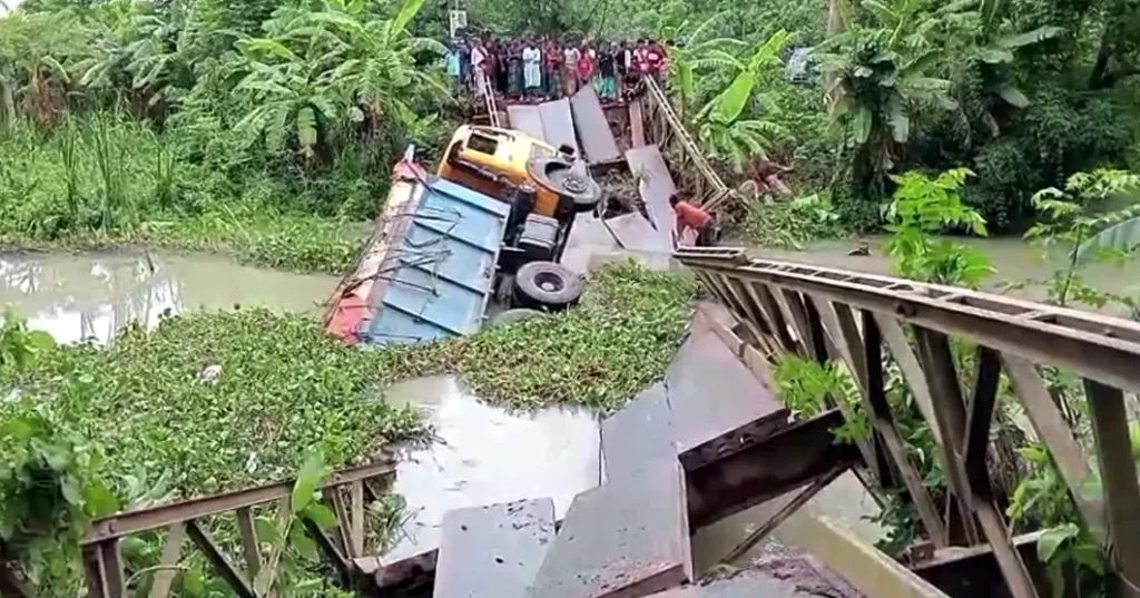 Overloaded truck causes Bailey bridge collapse in Pirojpur