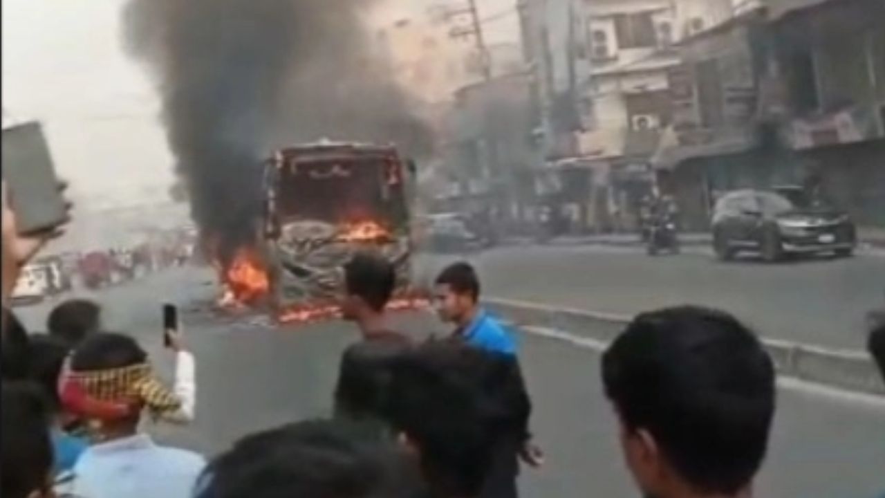 Bus catches fire after collision with motorcycle in Gazipur