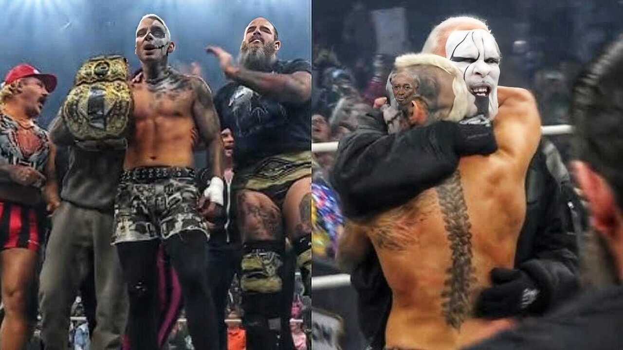 Darby Allin celebrates his first AEW World Title run with AEW roster and Sting. 