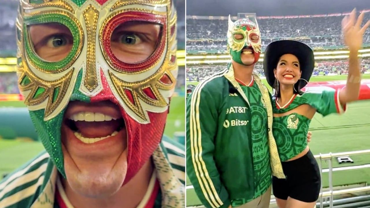 El Grande Americano attends the Mexico-England World Cup match at Azteca Stadium