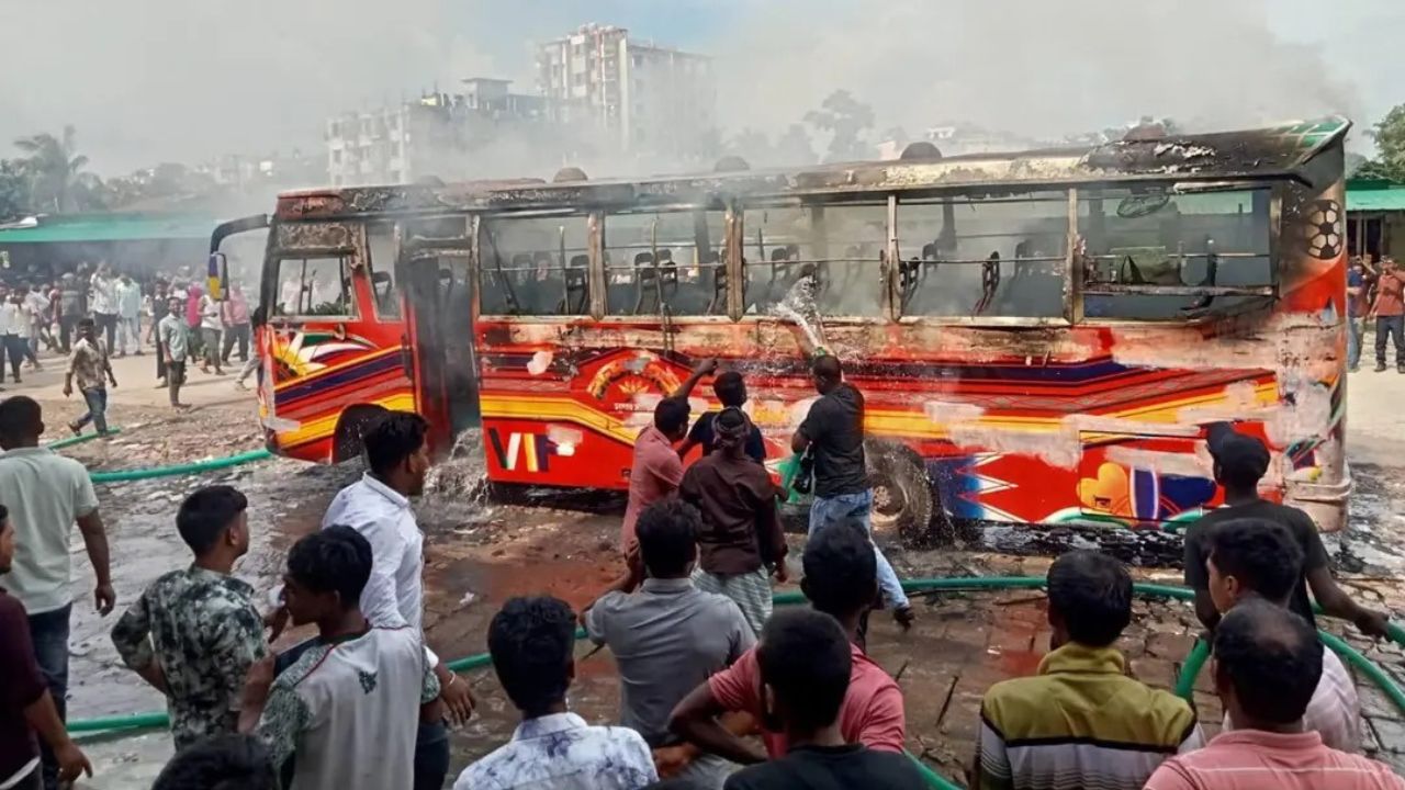 Parked bus catches fire in Gazipur Bus fire Gazipur