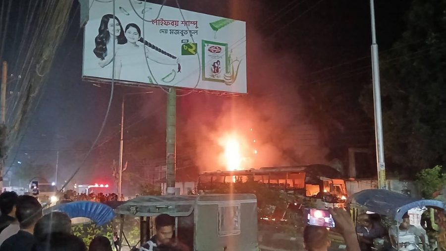 Bus set on fire in Mymensingh