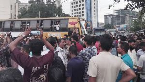 Transport workers block road at Mohakhali