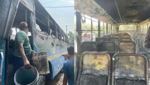 JnU bus catches fire at Demra garage